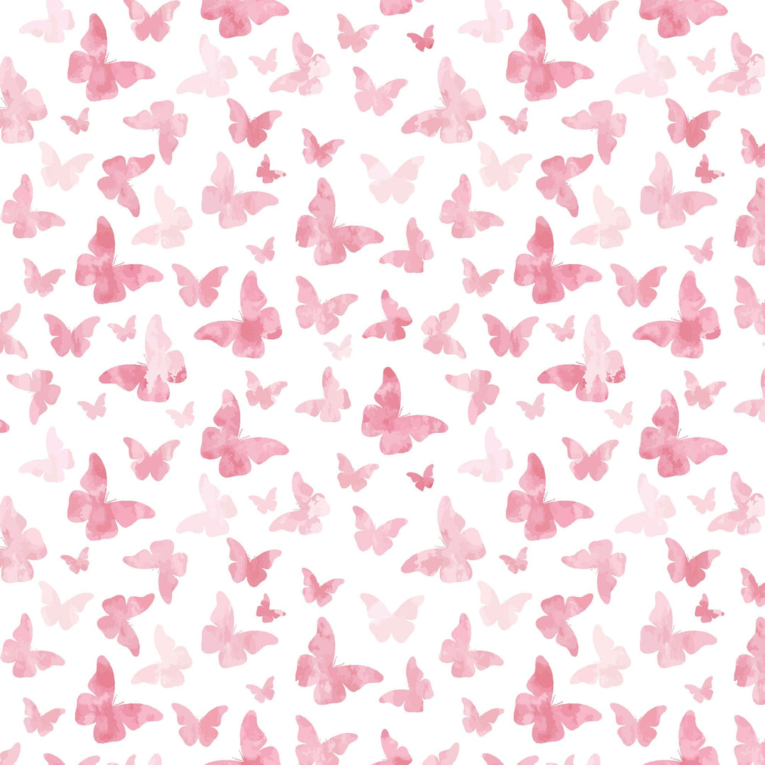 P-2354E - Pink Watercolor Butterflies 12 x 12 Paper - White background scattered with pink watercolor butterflies in varying sizes and shades