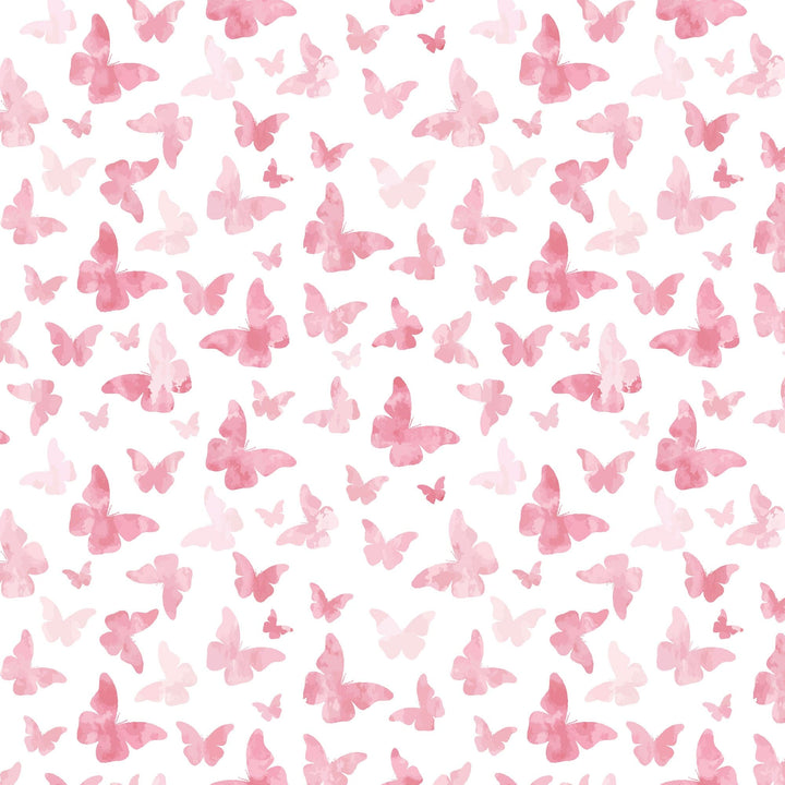 P-2354E - Pink Watercolor Butterflies 12 x 12 Paper - White background scattered with pink watercolor butterflies in varying sizes and shades