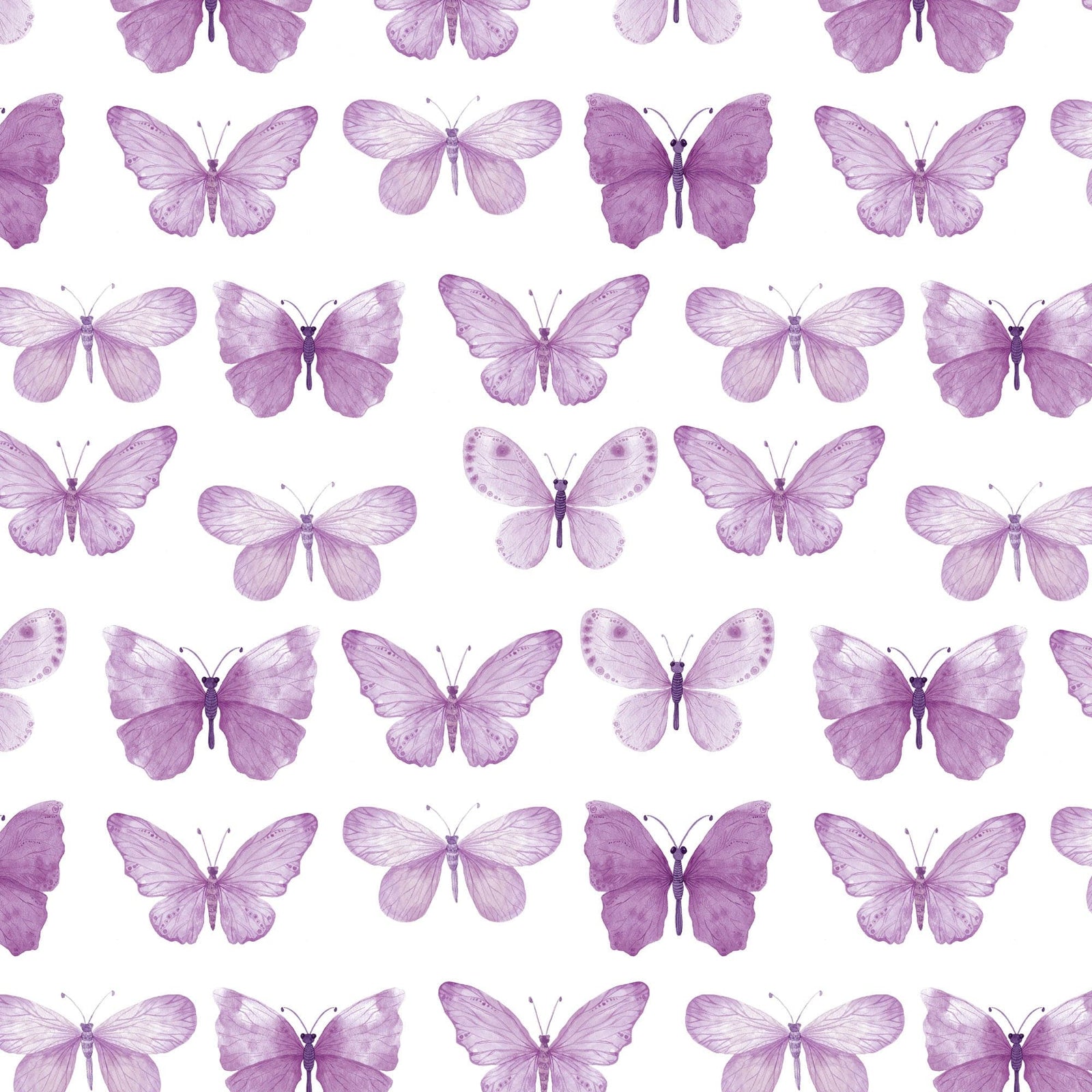 P-2355E - Purple Watercolor Butterflies 12 x 12 Paper - Repeating pattern of purple watercolor butterflies in various poses on a white background