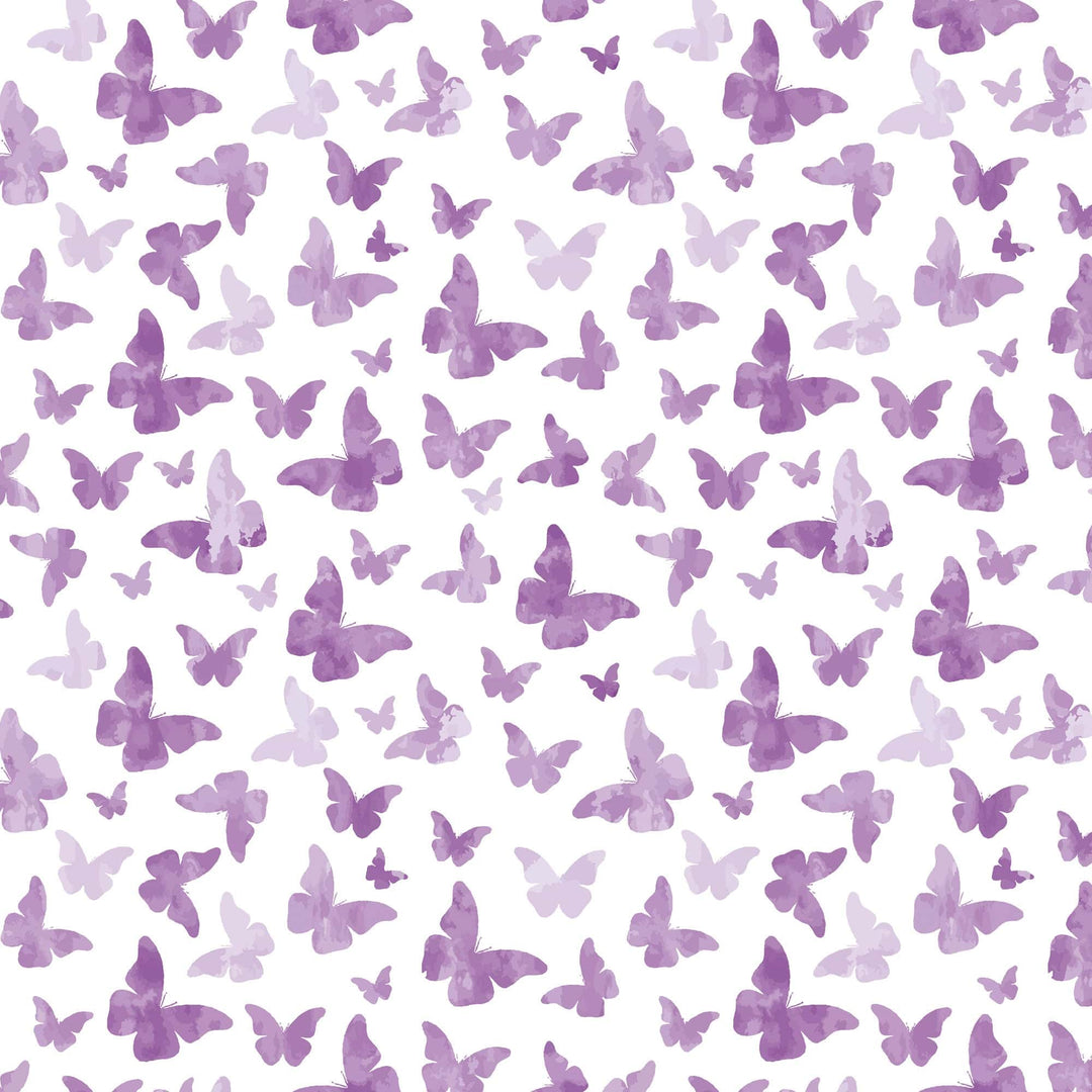P-2355E - Purple Watercolor Butterflies 12 x 12 Paper - Purple watercolor butterflies in varying sizes scattered across a white background