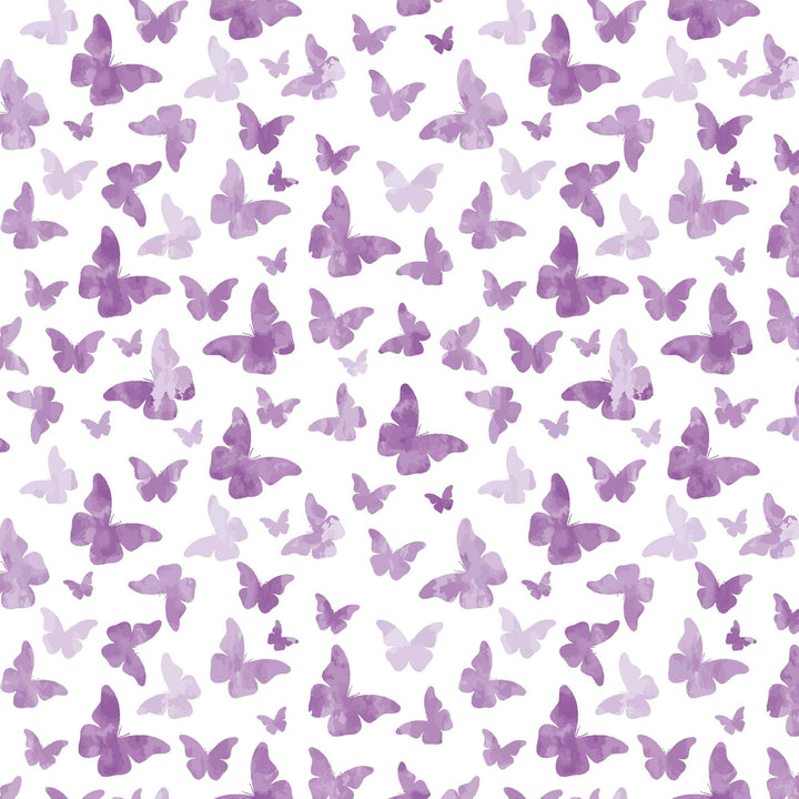 P-2355E - Purple Watercolor Butterflies 12 x 12 Paper - Purple watercolor butterflies in varying sizes scattered across a white background