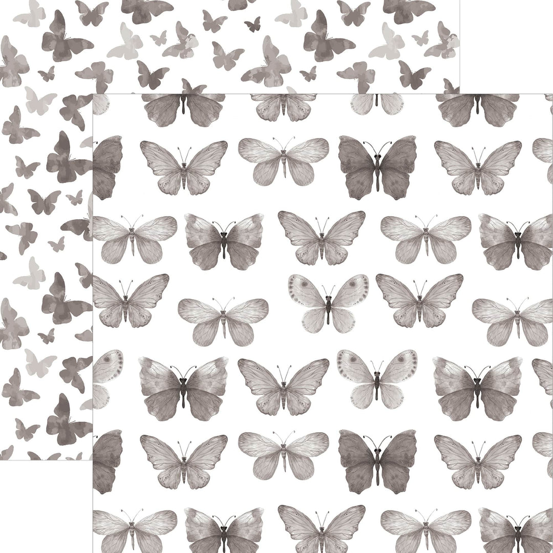 P-2356E - Black Watercolor Butterflies 12 x 12 Paper - Gray watercolor butterflies in repeating pattern on white background with smaller butterflies on left panel