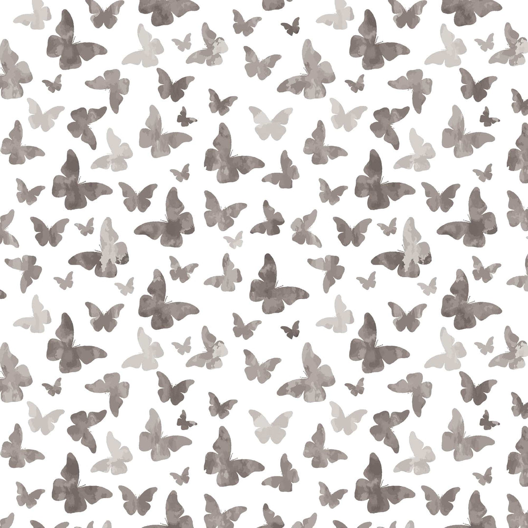 P-2356E - Black Watercolor Butterflies 12 x 12 Paper - Scattered watercolor butterflies in shades of gray and tan on a white background