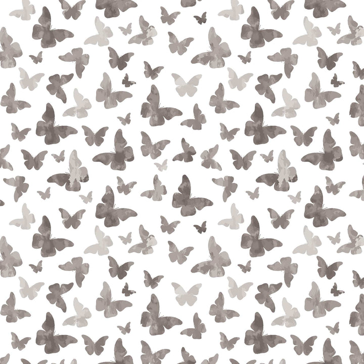 P-2356E - Black Watercolor Butterflies 12 x 12 Paper - Scattered watercolor butterflies in shades of gray and tan on a white background