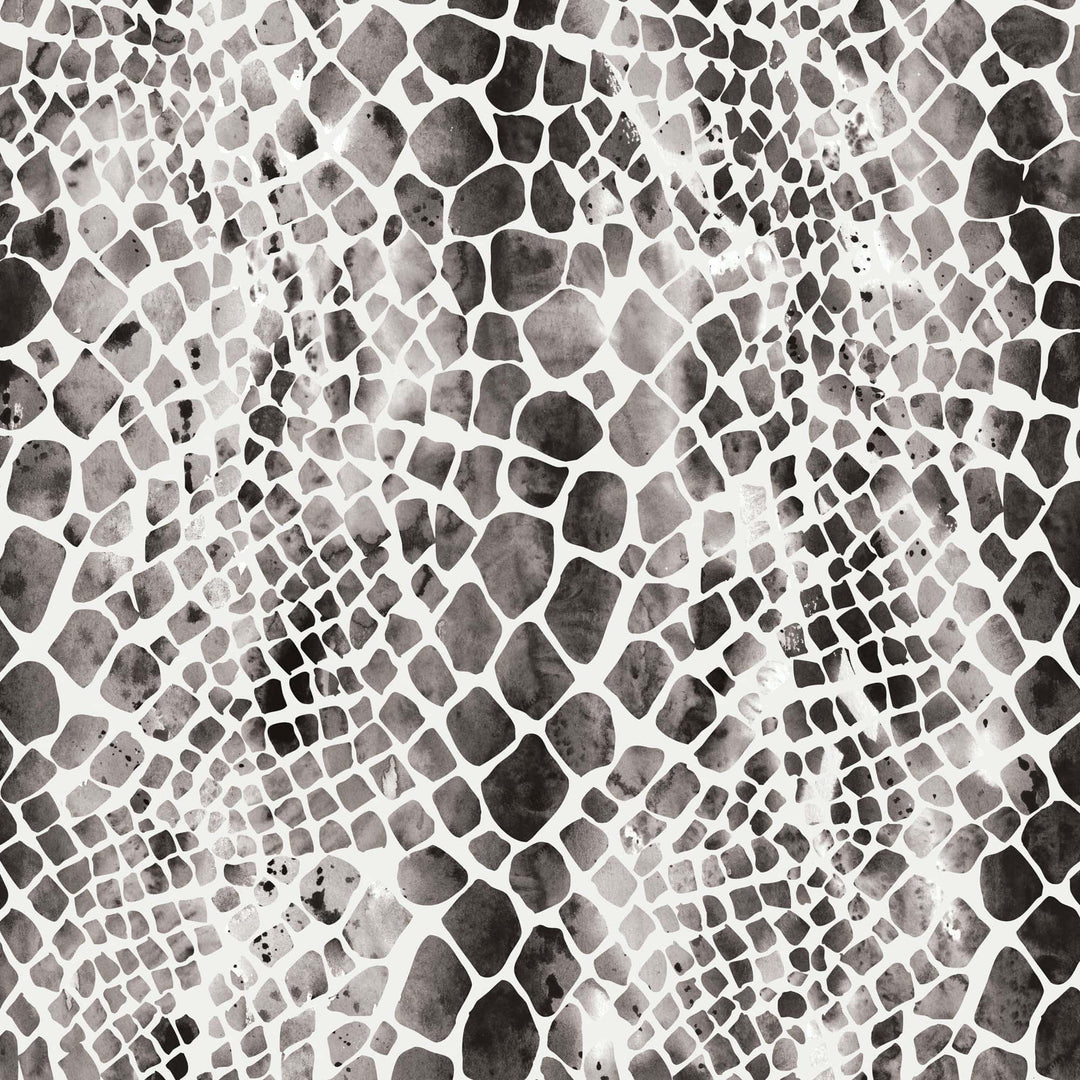 P-2357E - Black Watercolor Zebra &amp; Python Print 12 x 12 Paper - Black and gray watercolor python scale pattern on white background with organic, curved grid layout