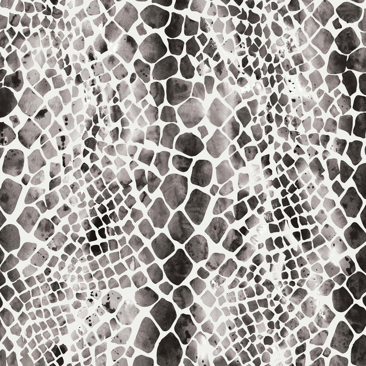 P-2357E - Black Watercolor Zebra &amp; Python Print 12 x 12 Paper - Black and gray watercolor python scale pattern on white background with organic, curved grid layout