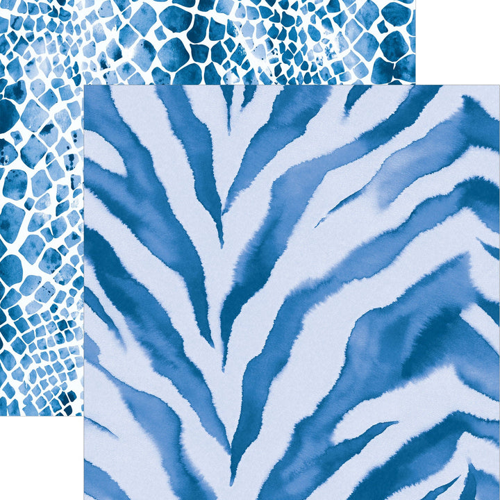 P-2358E - Blue  Watercolor Zebra &amp; Python Print 12 x 12 Paper - Blue watercolor zebra and python stripe patterns on white background decorative paper