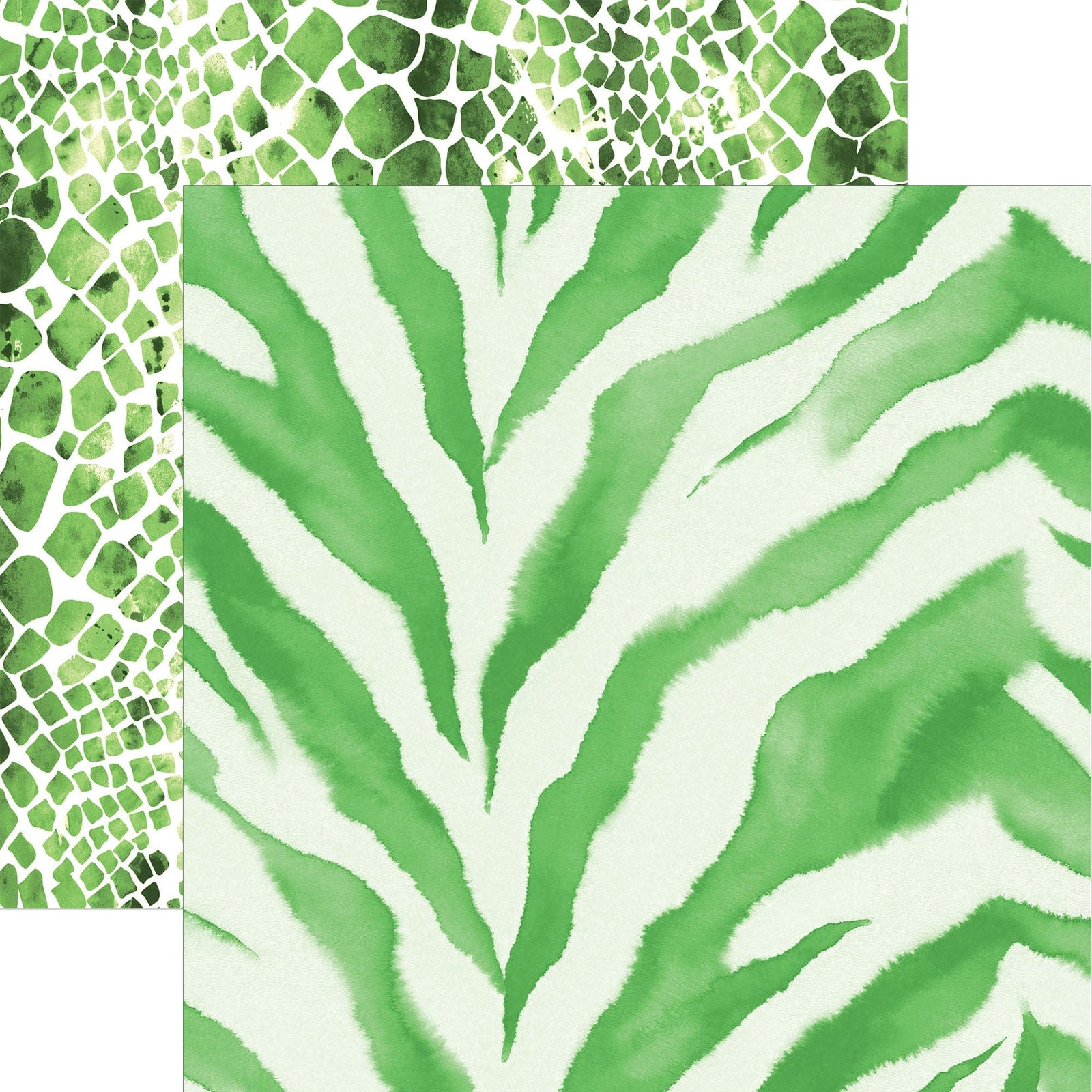 P-2359E - Green Watercolor Zebra & Python Print 12 x 12 Paper - Green watercolor patterns featuring zebra stripes and python scales on cream background