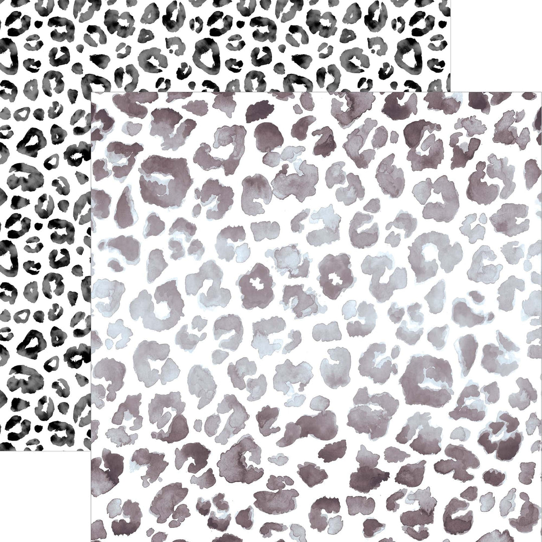 P-2360E - Black Watercolor Leopard Print 12 x 12 Paper - Three overlapping sheets showing black and white leopard print patterns, plus purple and gray watercolor leopard spots on white