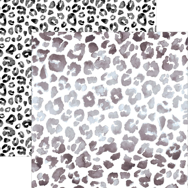 P-2360E - Black Watercolor Leopard Print 12 x 12 Paper - Three overlapping sheets showing black and white leopard print patterns, plus purple and gray watercolor leopard spots on white
