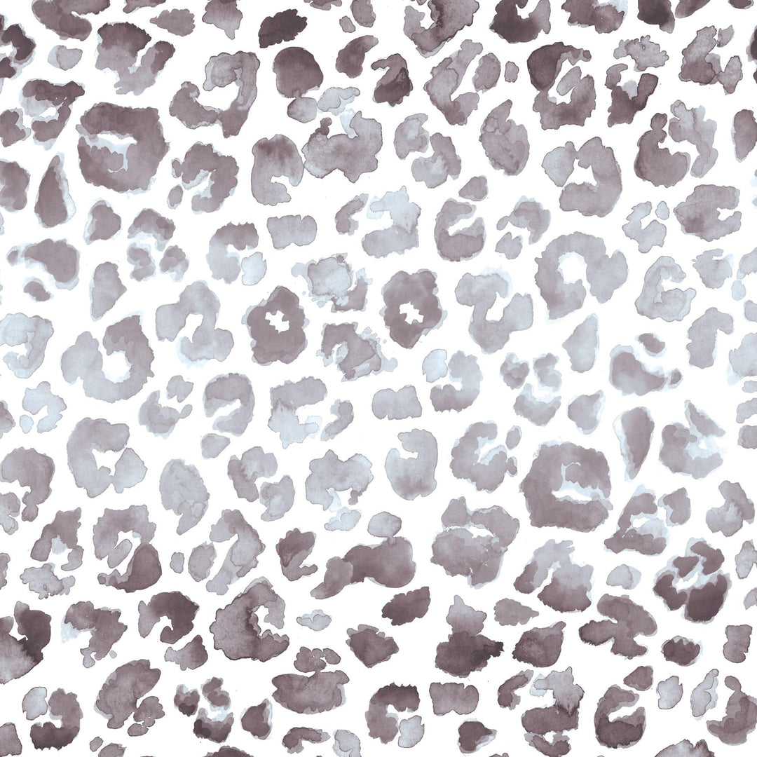 P-2360E - Black Watercolor Leopard Print 12 x 12 Paper - Scattered watercolor leopard spots in shades of gray and taupe on a white background
