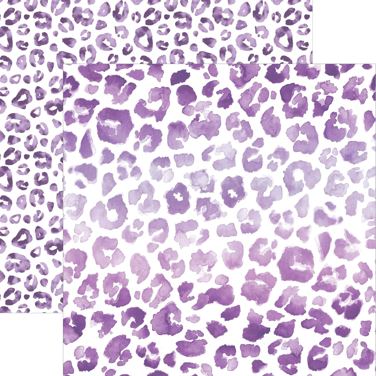 P-2361E - Purple Watercolor Leopard Print 12 x 12 Paper - Three overlapping sheets of purple watercolor leopard print paper on white background