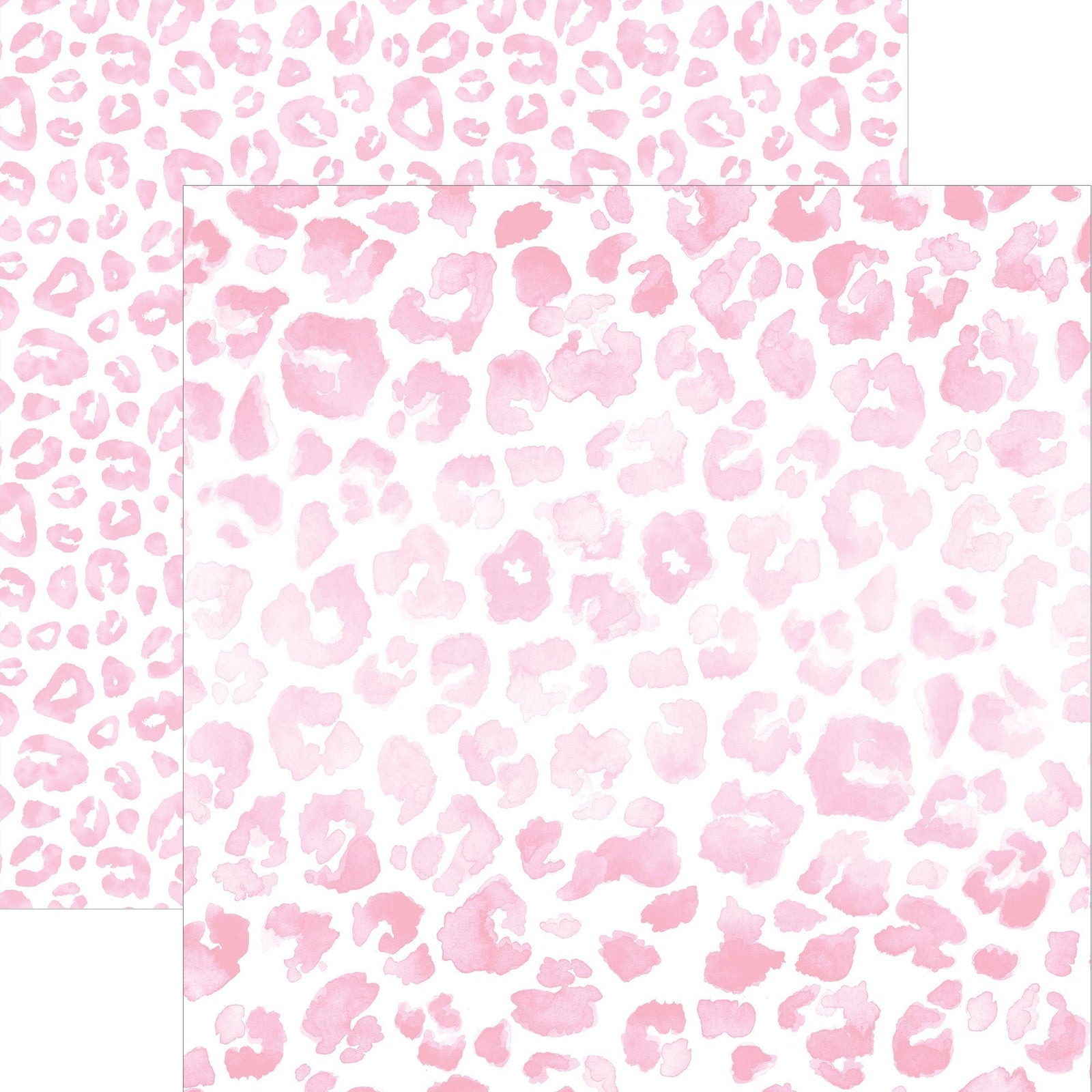 P-2362E - Pink Watercolor Leopard Print 12 x 12 Paper - Two overlapping sheets of pink watercolor leopard print paper with organic spotted patterns on white background