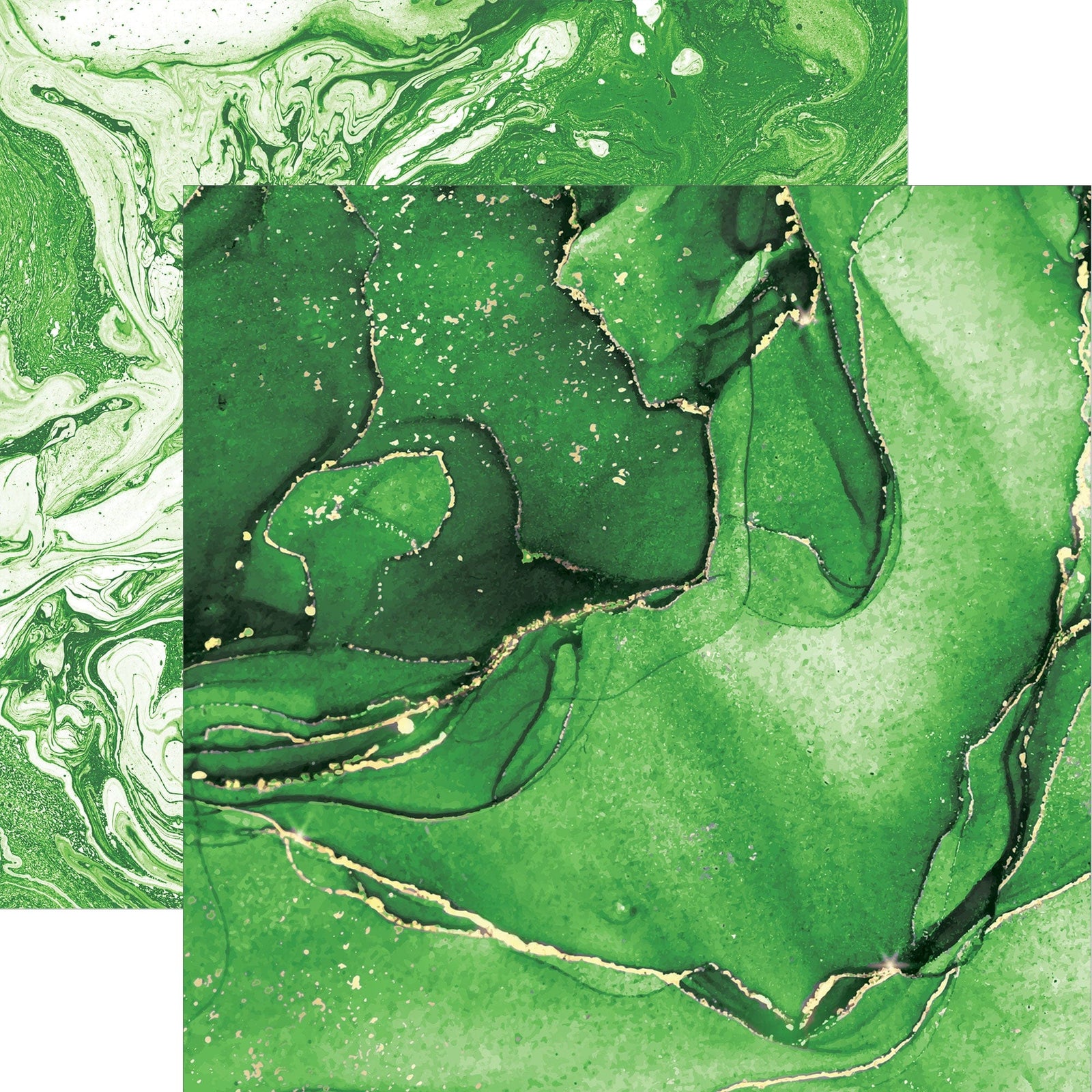 P-2363E - Green Watercolor Marble 12 x 12 Paper - Green watercolor marble paper with swirling patterns, gold accents, and organic flowing designs in various green tones