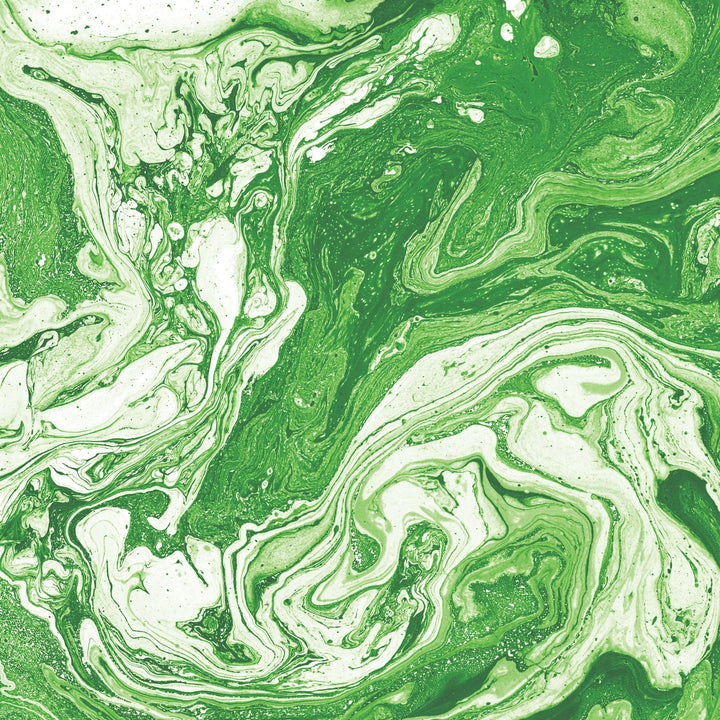 P-2363E - Green Watercolor Marble 12 x 12 Paper - Green and white marbled paper with swirling watercolor patterns and fluid organic lines throughout
