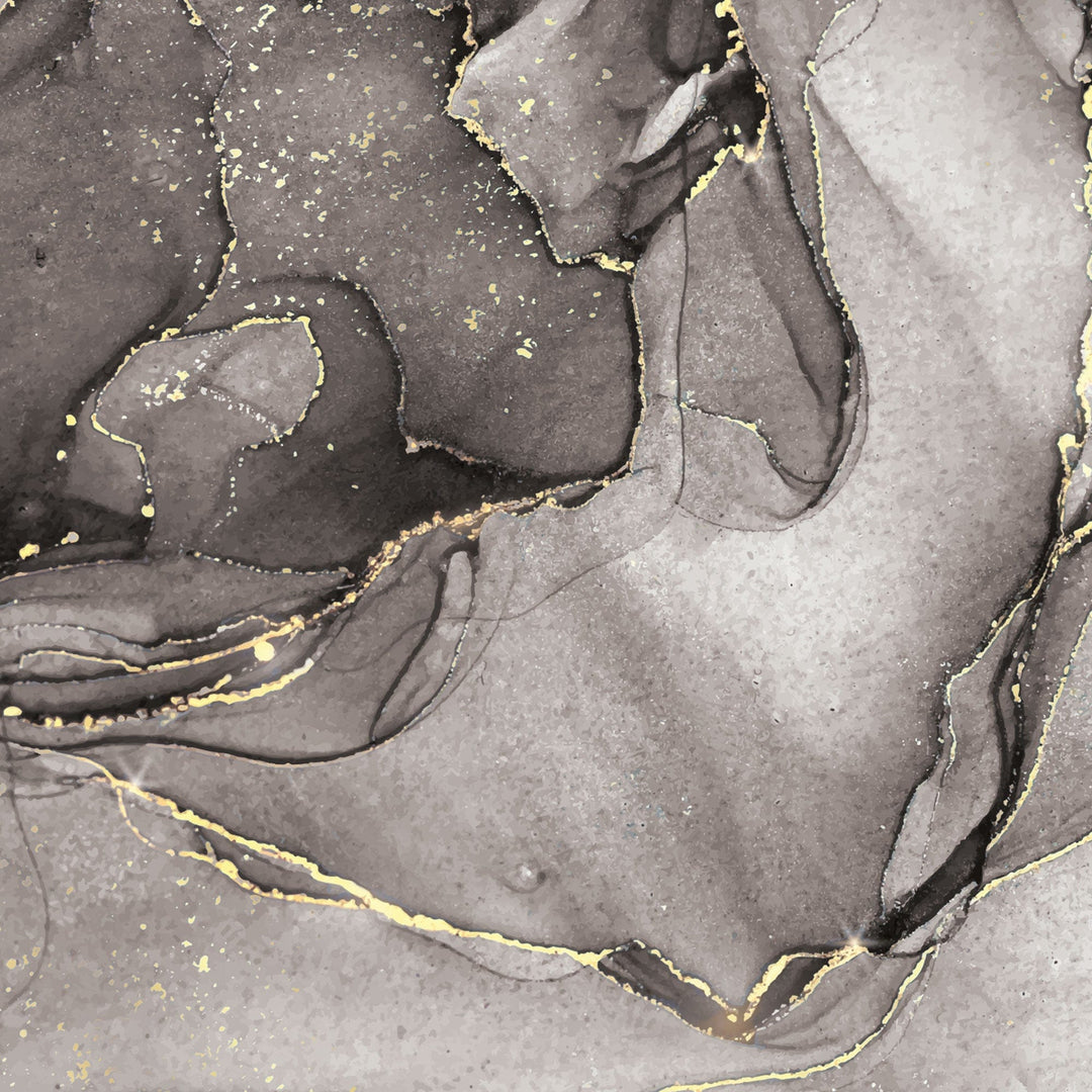 P-2364E - Black Watercolor Marble 12 x 12 Paper - Black and gray marble paper with gold foil accents and organic veining patterns