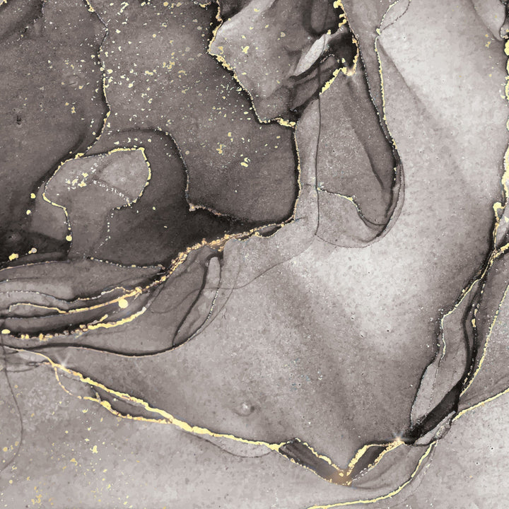 P-2364E - Black Watercolor Marble 12 x 12 Paper - Black and gray marble paper with gold foil accents and organic veining patterns