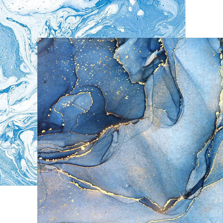 P-2365E - Blue Watercolor Marble 12 x 12 Paper - Blue and white marbled paper with gold accents and fluid swirling patterns