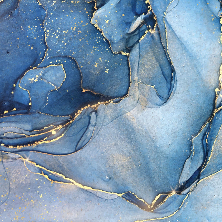 P-2365E - Blue Watercolor Marble 12 x 12 Paper - Blue and gray watercolor marble paper with gold foil accents and organic flowing patterns
