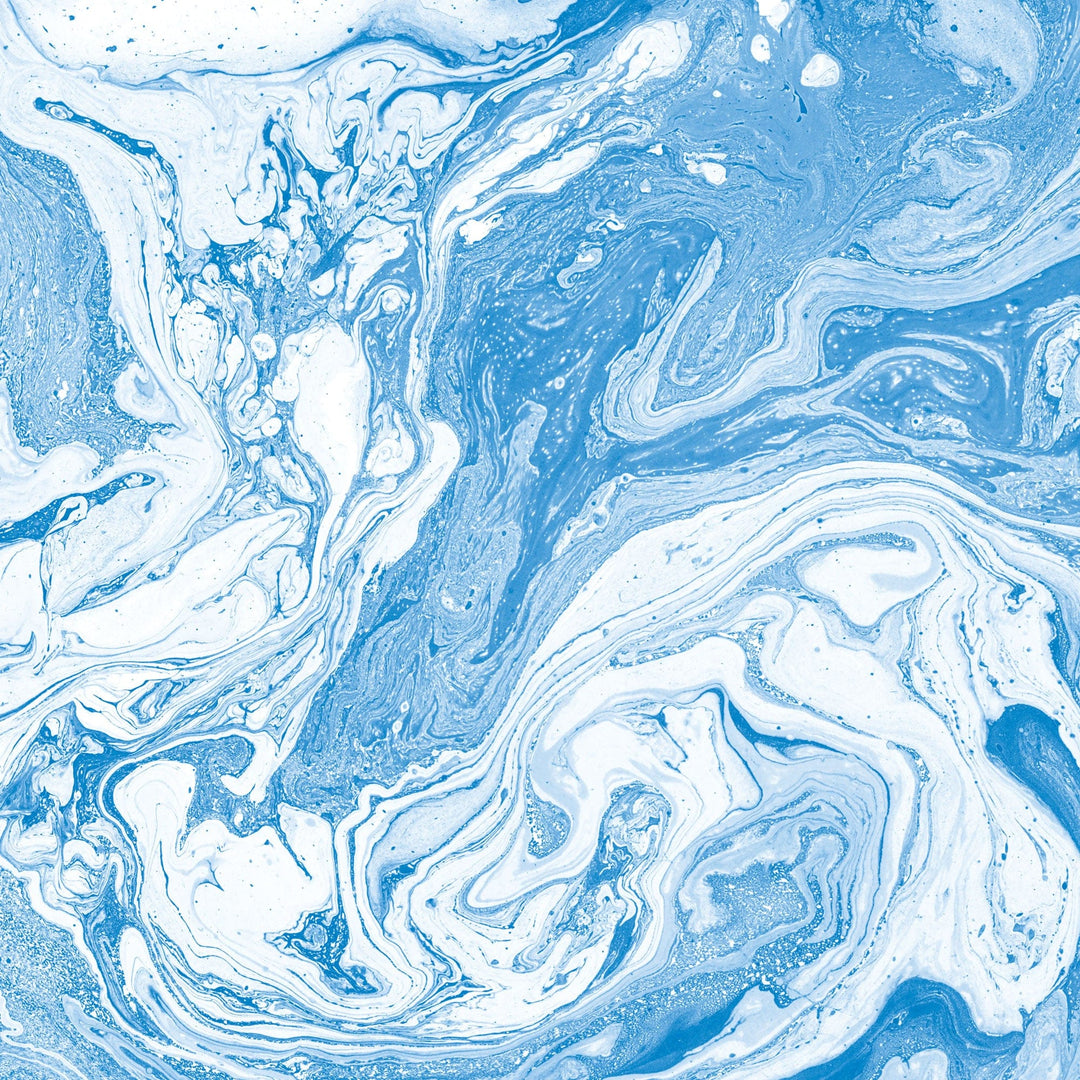 P-2365E - Blue Watercolor Marble 12 x 12 Paper - Blue and white marbled paper with swirling watercolor patterns and fluid design throughout