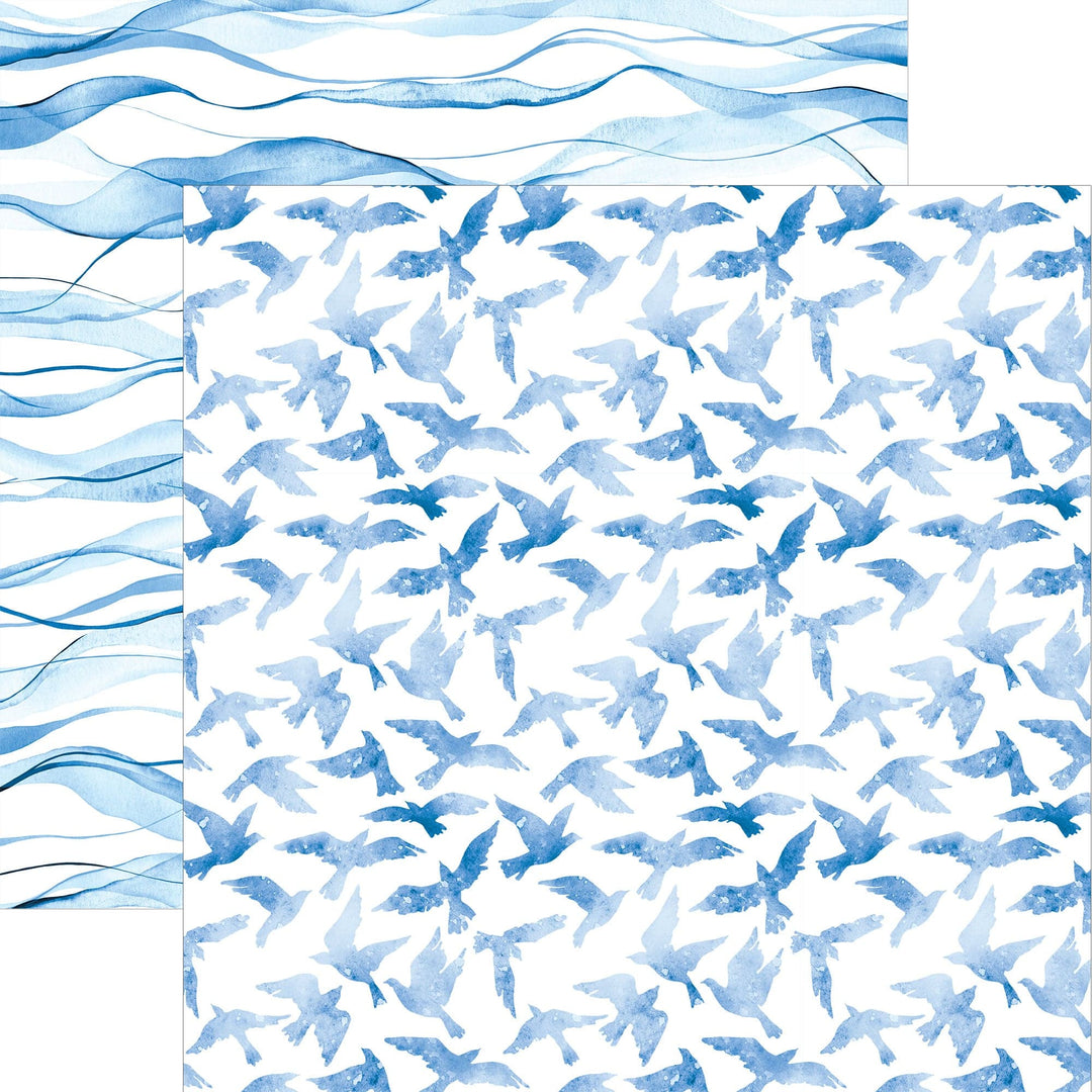 P-2366E - Blue Watercolor Birds 12 x 12 Paper - Blue watercolor birds in flight scattered across white background with wavy blue stripe border