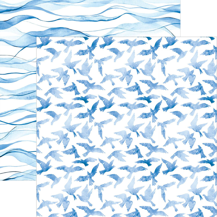 P-2366E - Blue Watercolor Birds 12 x 12 Paper - Blue watercolor birds in flight scattered across white background with wavy blue stripe border