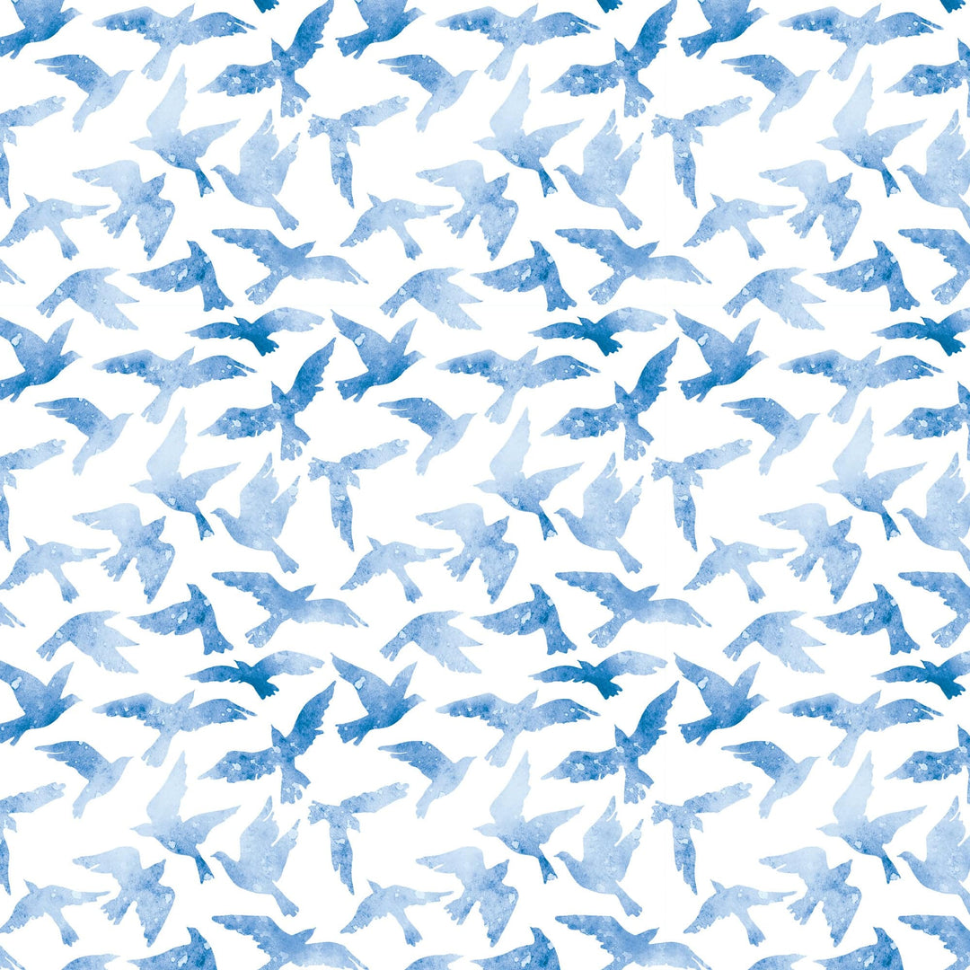 P-2366E - Blue Watercolor Birds 12 x 12 Paper - Seamless pattern of blue watercolor bird silhouettes in various shades flying across a white background