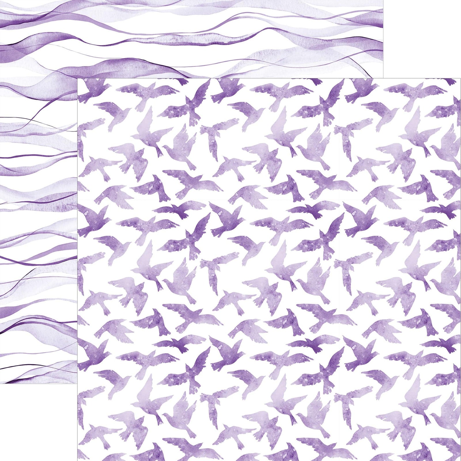 P-2367E - Purple Watercolor Birds 12 x 12 Paper - Purple watercolor birds in flight scattered across white background with decorative wavy border design