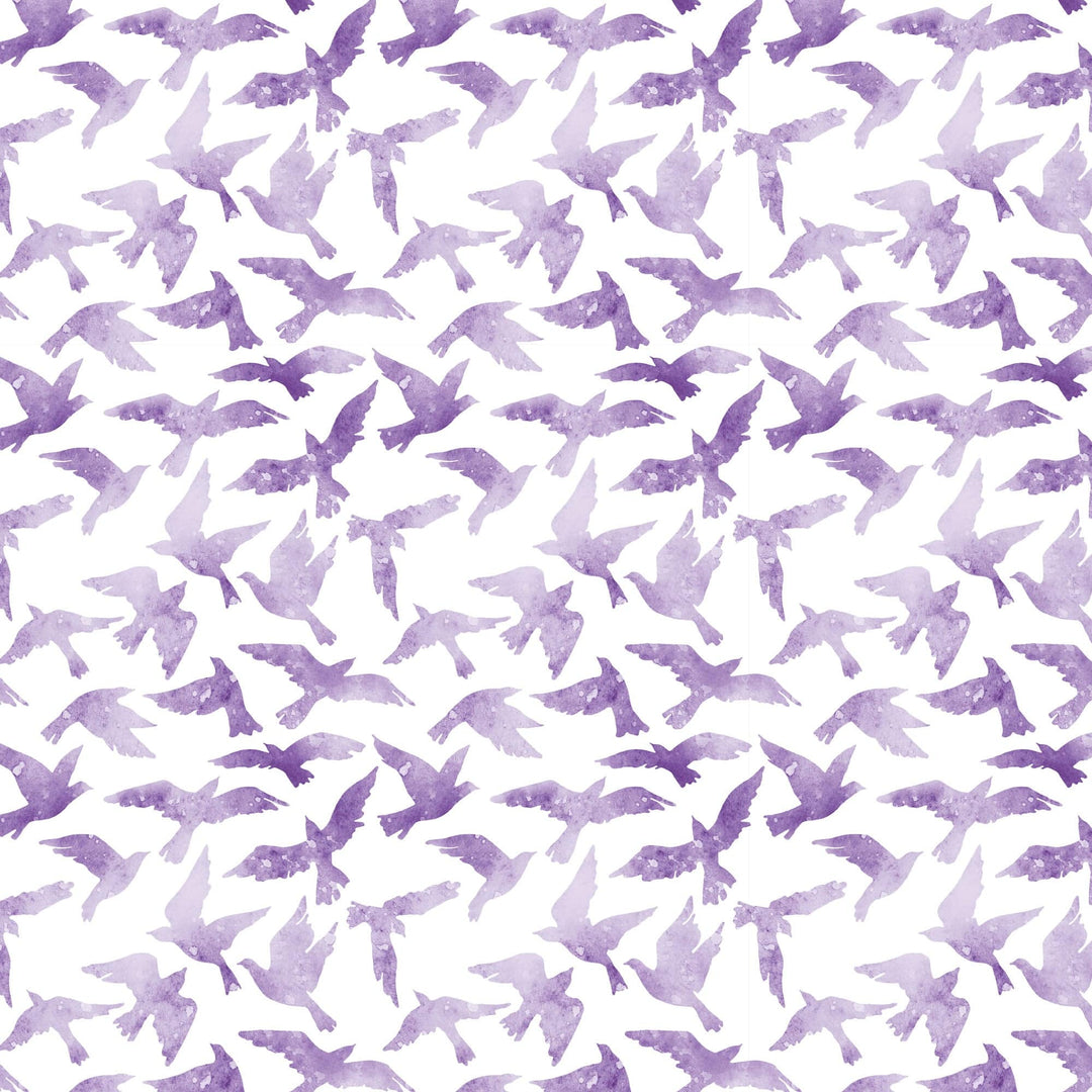 P-2367E - Purple Watercolor Birds 12 x 12 Paper - Seamless pattern of purple watercolor birds in flight scattered across a white background
