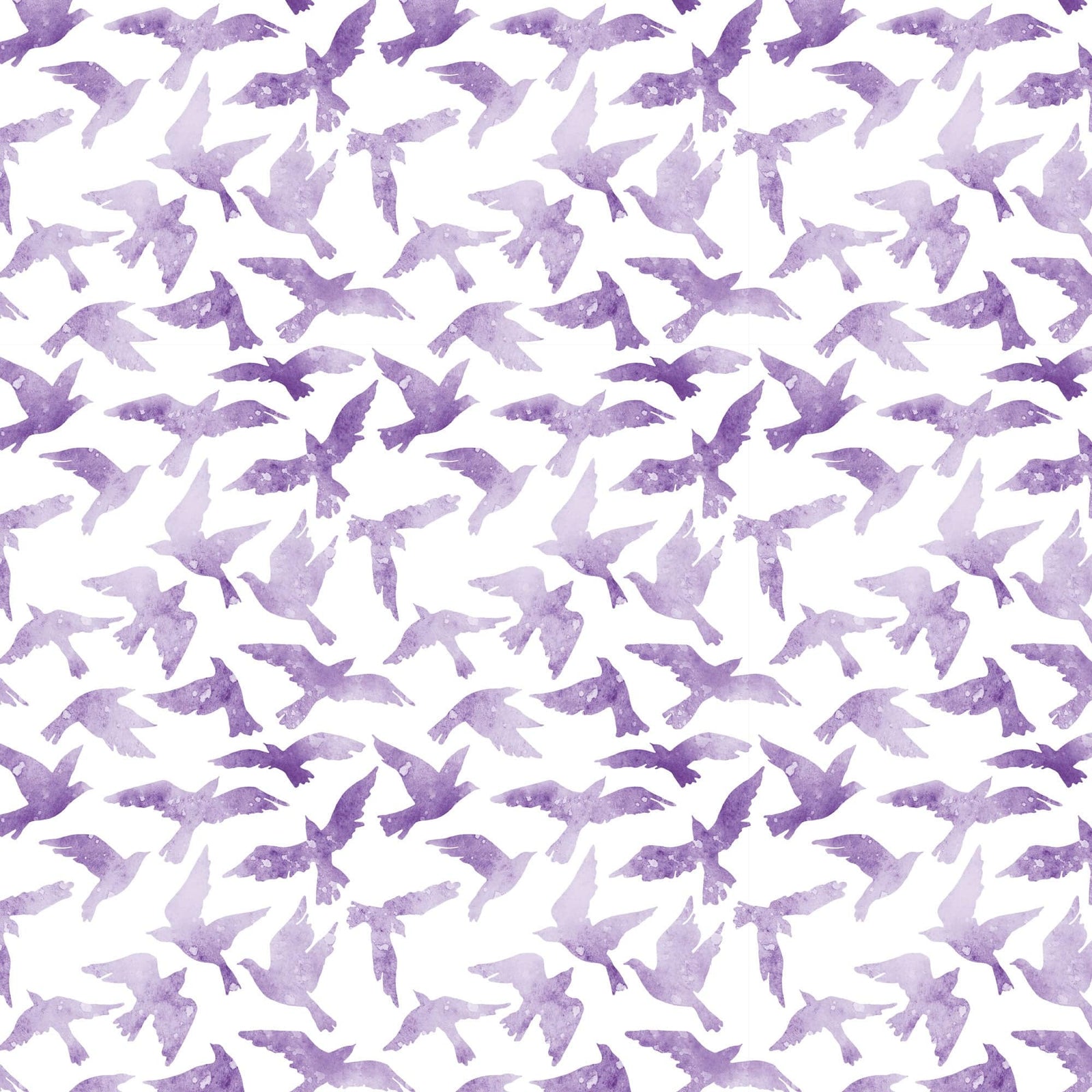 P-2367E - Purple Watercolor Birds 12 x 12 Paper - Seamless pattern of purple watercolor birds in flight scattered across a white background