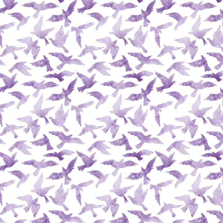 P-2367E - Purple Watercolor Birds 12 x 12 Paper - Seamless pattern of purple watercolor birds in flight scattered across a white background