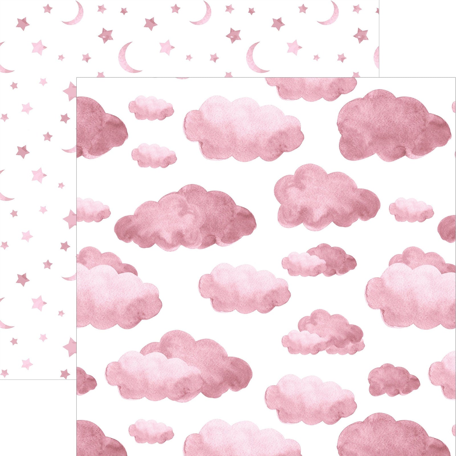 P-2368E - Pink Watercolor Clouds & Moon 12 x12 Paper - Pink watercolor clouds and crescent moons with stars on white background