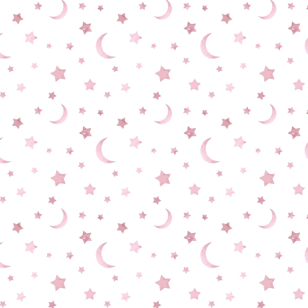 P-2368E - Pink Watercolor Clouds &amp; Moon 12 x12 Paper - Pink and mauve stars and crescent moons scattered across a white background in a seamless repeating pattern