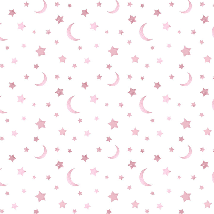 P-2368E - Pink Watercolor Clouds &amp; Moon 12 x12 Paper - Pink and mauve stars and crescent moons scattered across a white background in a seamless repeating pattern