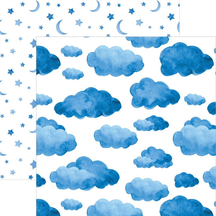 P-2369E - Blue Watercolor Clouds &amp; Moon 12 x12 Paper - Blue watercolor clouds in various sizes scattered across white background with stars and crescent moons on left border