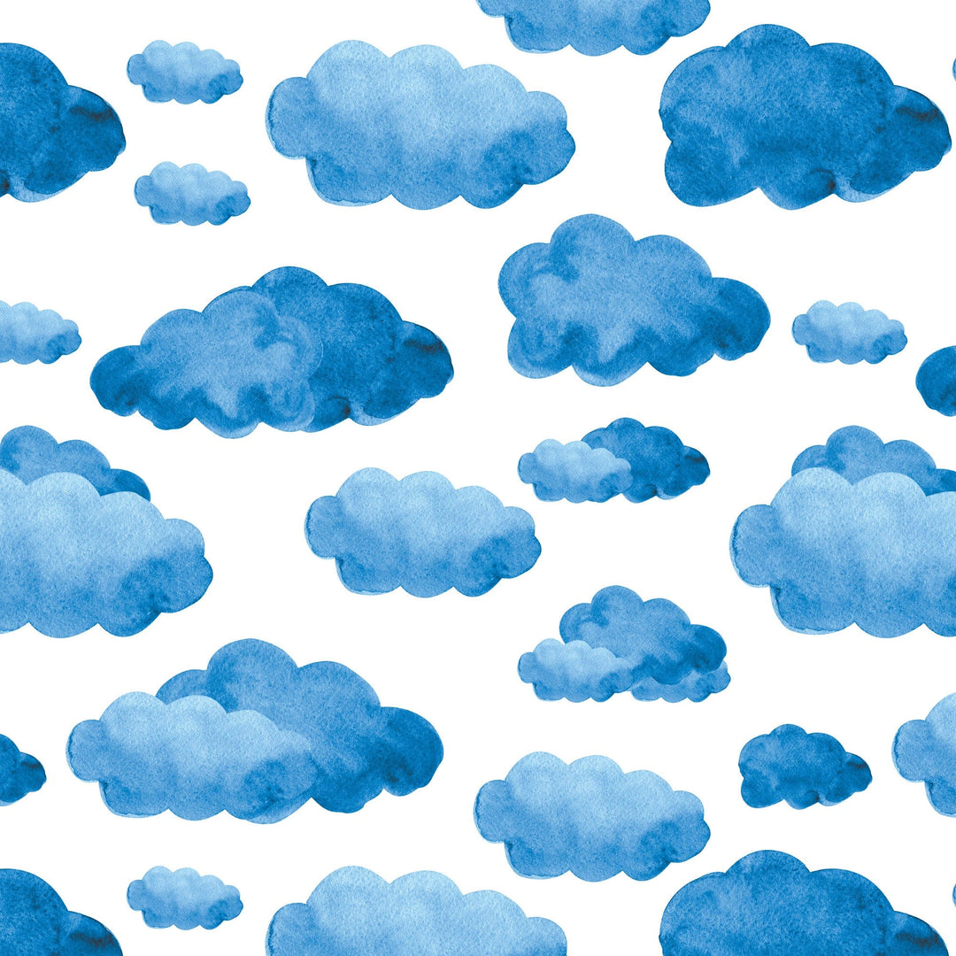 P-2369E - Blue Watercolor Clouds &amp; Moon 12 x12 Paper - Blue watercolor clouds of varying sizes scattered across a white background in a seamless repeating pattern