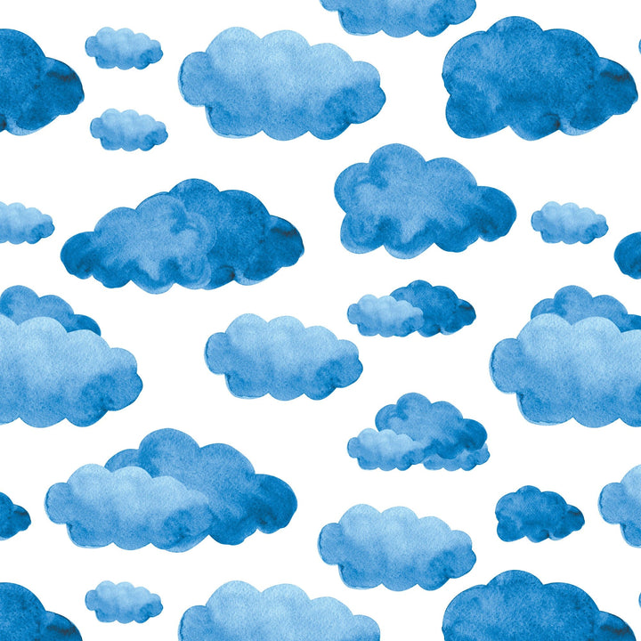 P-2369E - Blue Watercolor Clouds &amp; Moon 12 x12 Paper - Blue watercolor clouds of varying sizes scattered across a white background in a seamless repeating pattern