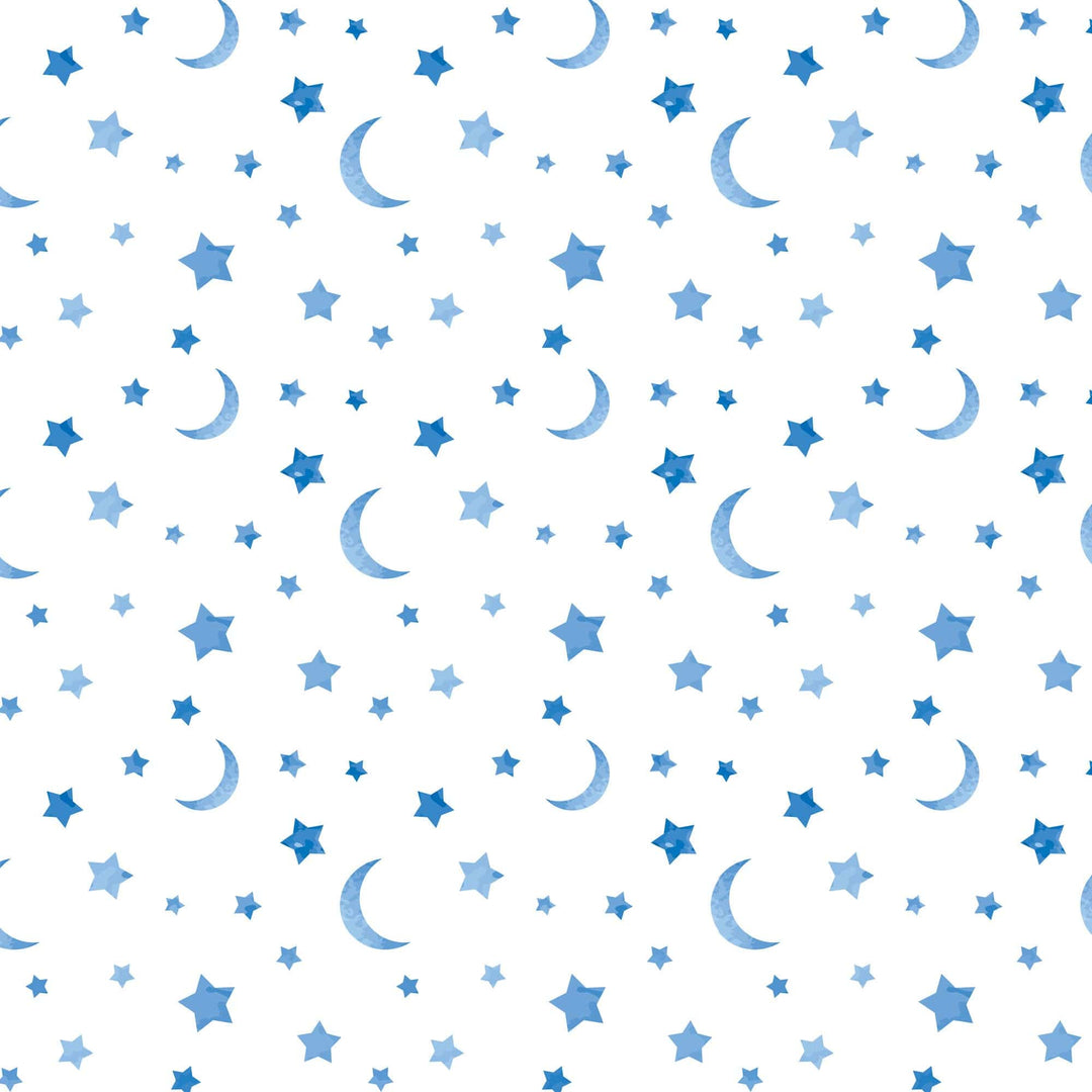 P-2369E - Blue Watercolor Clouds &amp; Moon 12 x12 Paper - Seamless pattern of blue stars and crescent moons on a white background