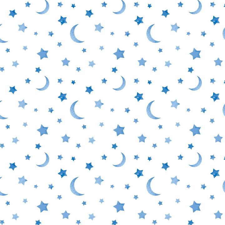 P-2369E - Blue Watercolor Clouds &amp; Moon 12 x12 Paper - Seamless pattern of blue stars and crescent moons on a white background