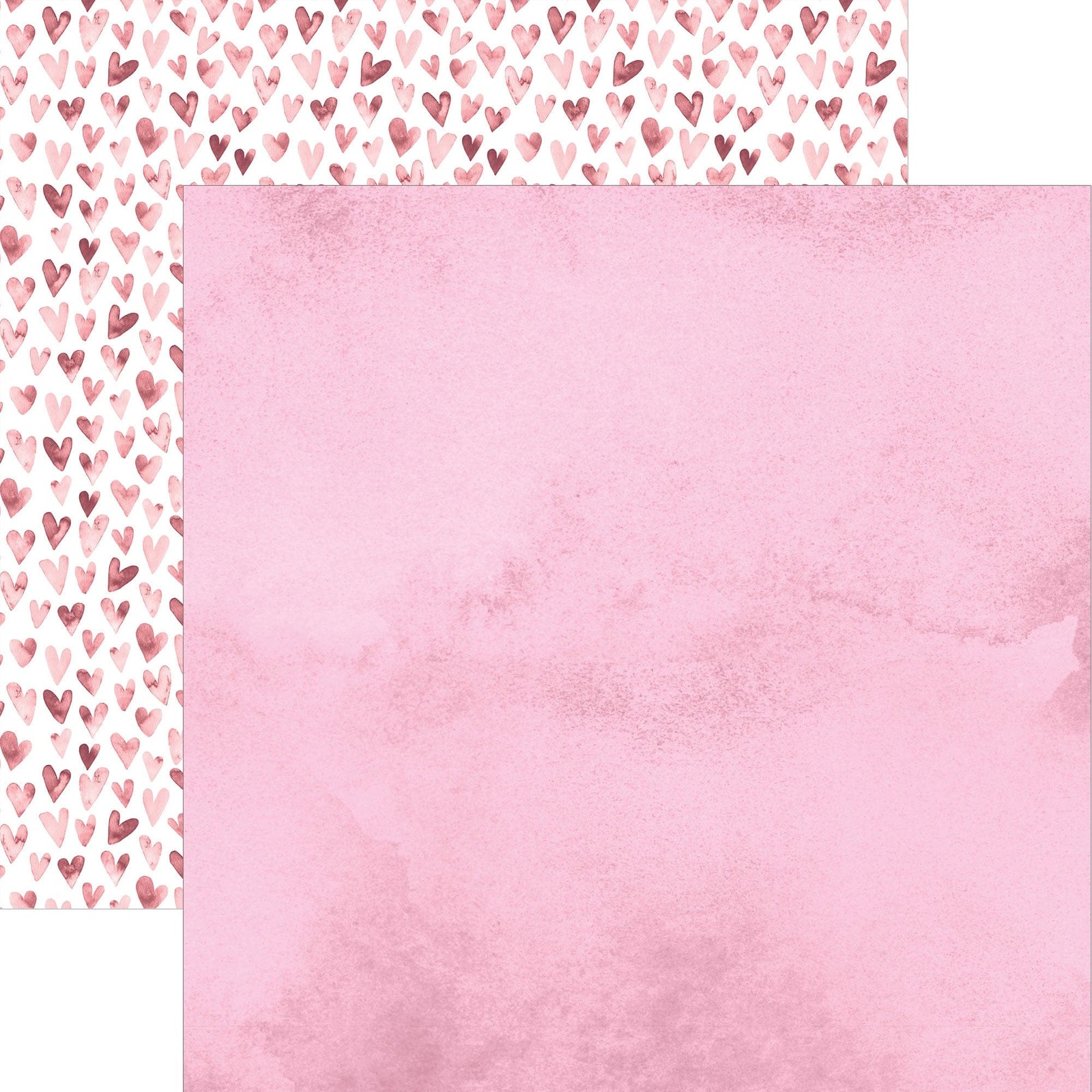 P-2370E - Pink  Watercolor Hearts 12 x 12 Paper - Double-sided scrapbook paper featuring watercolor hearts pattern on one side and solid pink textured background on the reverse