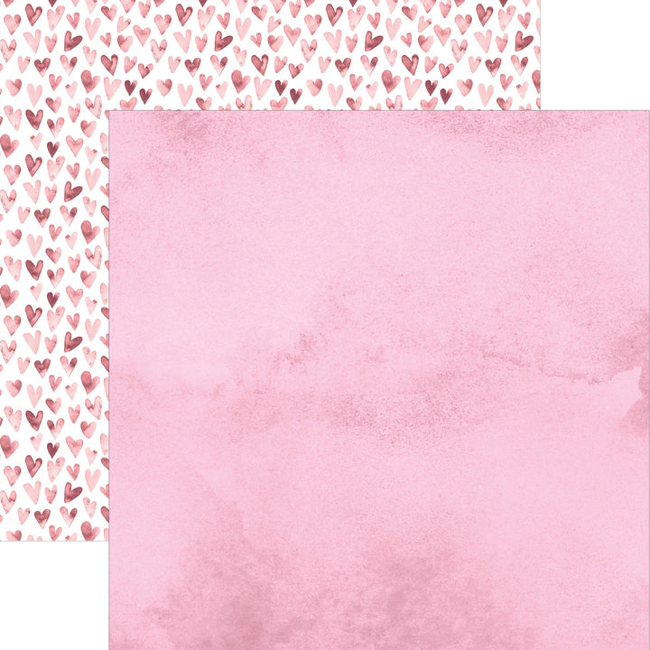 P-2370E - Pink  Watercolor Hearts 12 x 12 Paper - Double-sided scrapbook paper featuring watercolor hearts pattern on one side and solid pink textured background on the reverse