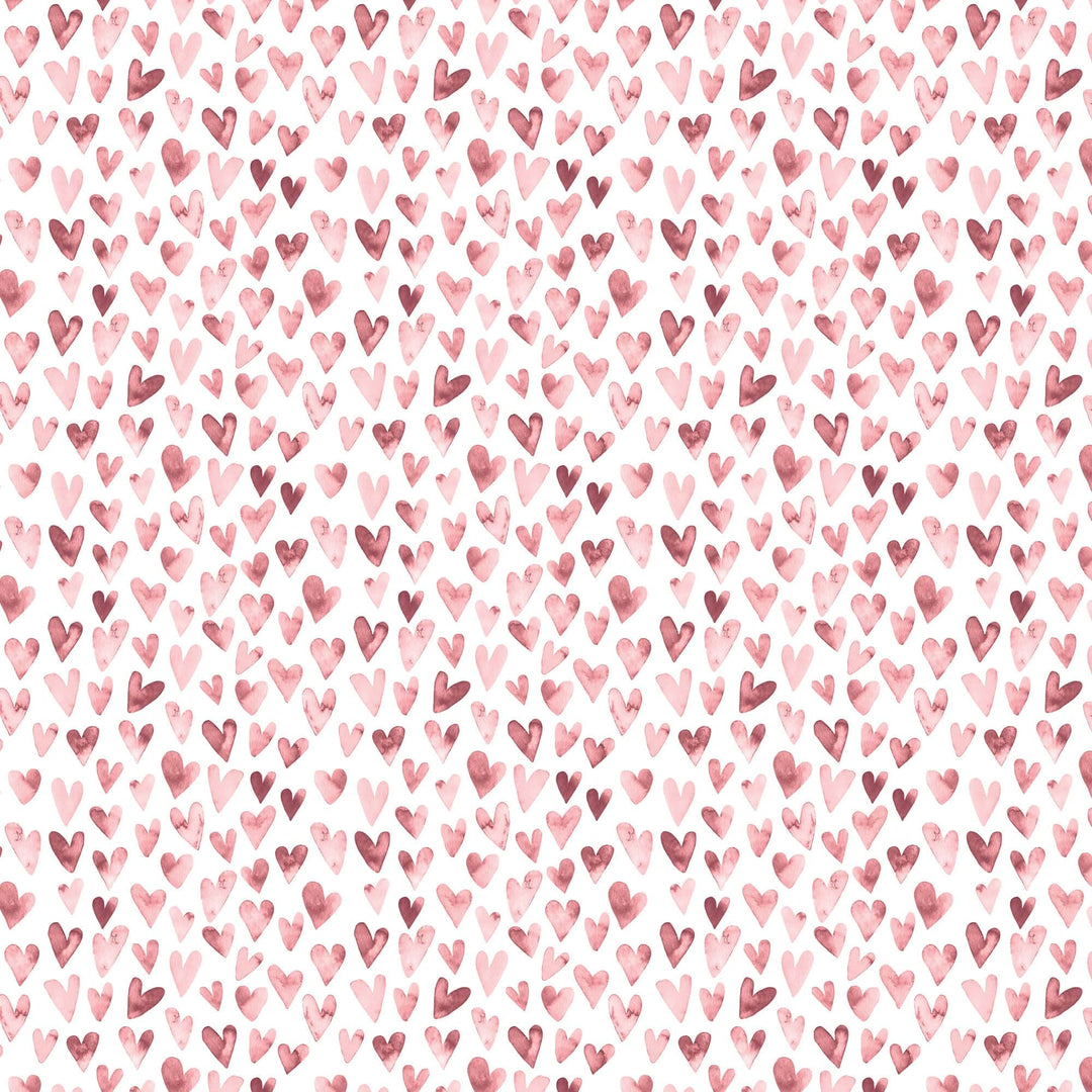 P-2370E - Pink  Watercolor Hearts 12 x 12 Paper - White background densely covered with watercolor hearts in varying shades of pink and burgundy