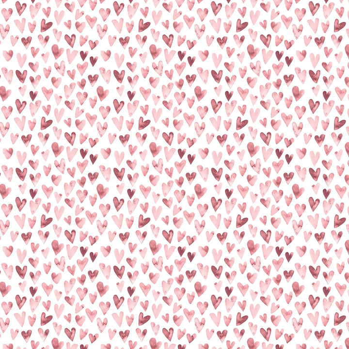 P-2370E - Pink  Watercolor Hearts 12 x 12 Paper - White background densely covered with watercolor hearts in varying shades of pink and burgundy