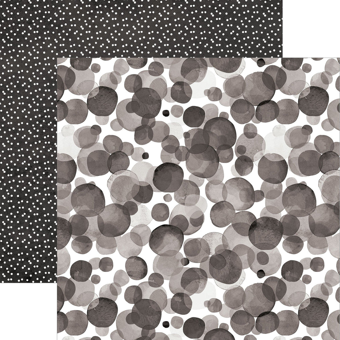 P-2371E - Black Watercolor Polka Dots 12 x 12 Paper - Two-sided decorative paper featuring black polka dots on dark gray and overlapping watercolor circles on white
