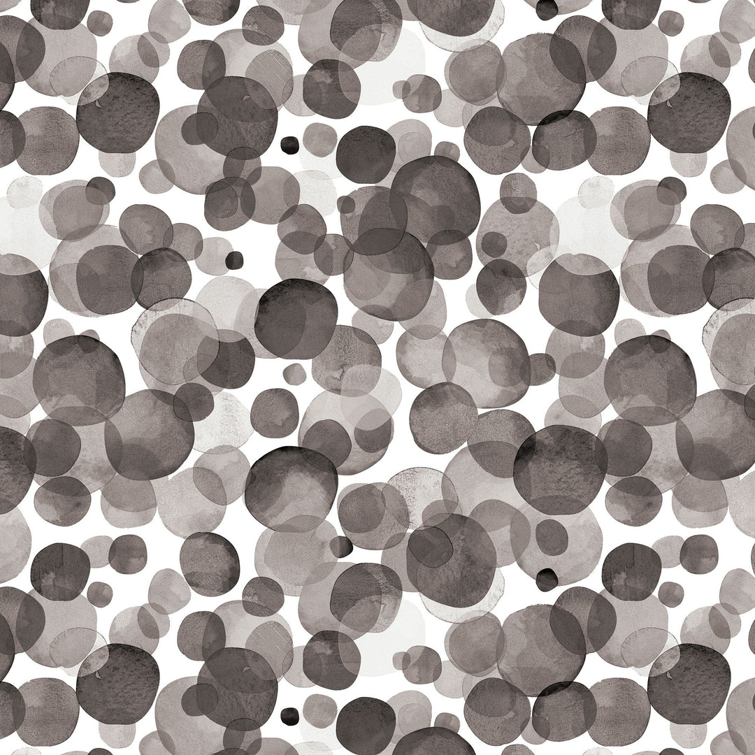 P-2371E - Black Watercolor Polka Dots 12 x 12 Paper - Seamless pattern of overlapping watercolor circles in varying shades of black, gray, and white on a light background