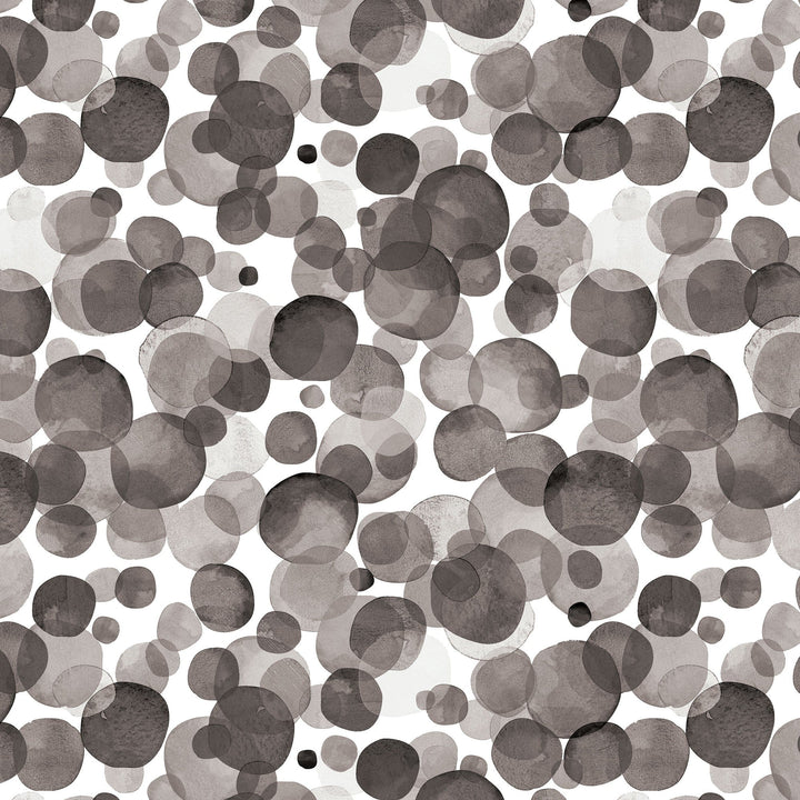 P-2371E - Black Watercolor Polka Dots 12 x 12 Paper - Seamless pattern of overlapping watercolor circles in varying shades of black, gray, and white on a light background
