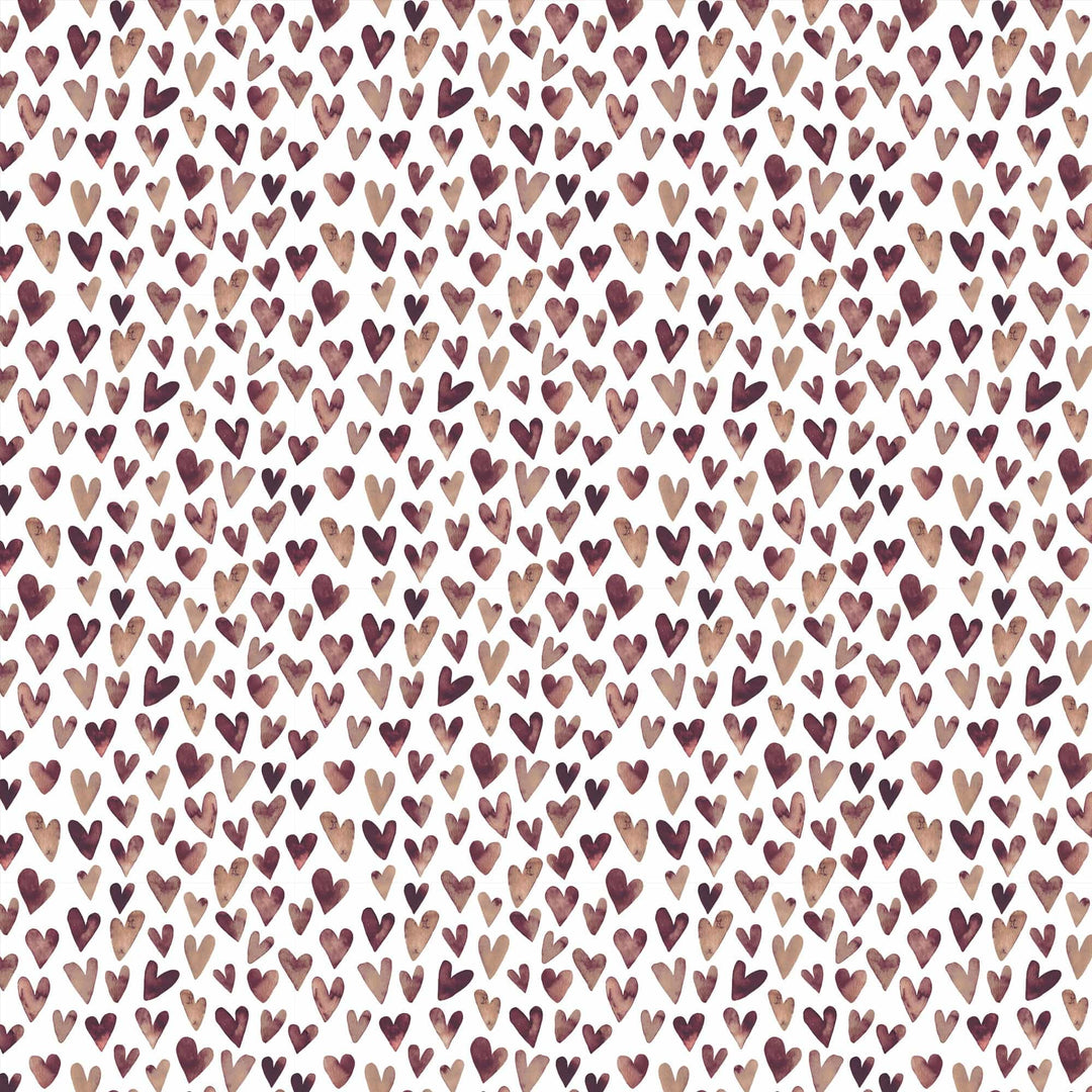 P-2393E - Brown Watercolor Hearts 12 x 12 Scrapbook Paper - Repeating pattern of small watercolor hearts in shades of burgundy, brown, and tan on a white background