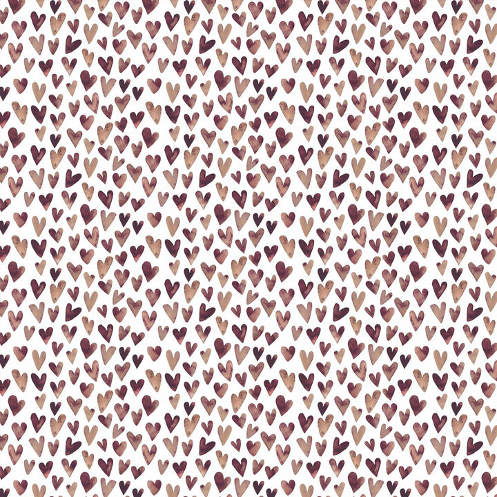 P-2393E - Brown Watercolor Hearts 12 x 12 Scrapbook Paper - Repeating pattern of small watercolor hearts in shades of burgundy, brown, and tan on a white background