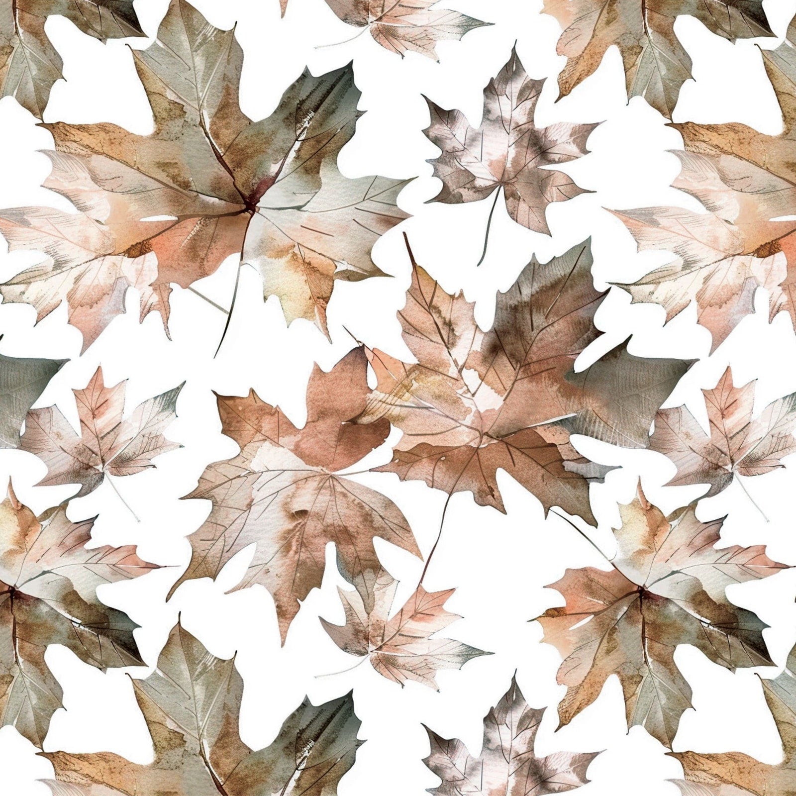 P-2394E - Brown Watercolor Leaves 12 x 12 Scrapbook Paper - Watercolor autumn leaves in brown, tan, and green tones scattered on a white background