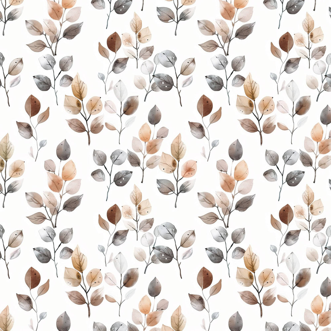 P-2394E - Brown Watercolor Leaves 12 x 12 Scrapbook Paper - Seamless watercolor pattern of brown, tan, and gray leaves on white background